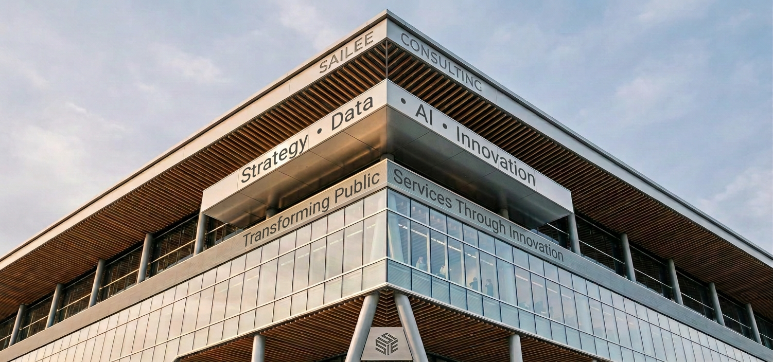 Modern Sailee Consulting building displaying “Empowering Organizations Through Strategy, Innovation” and “Innovation & Excellence.”