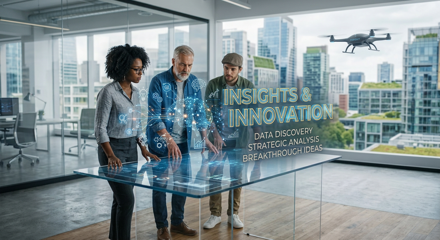 Three colleagues examining a holographic data interface beneath Insights & Innovation text